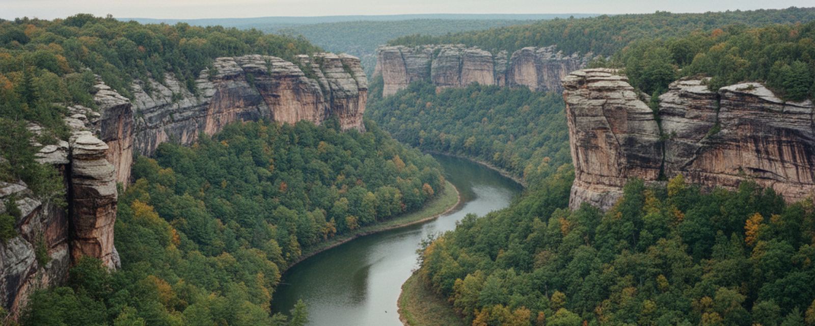 Sandstone bluffs above a bend of the Big South Fork, bare rock benches on the rim and green water running in the gorge below.