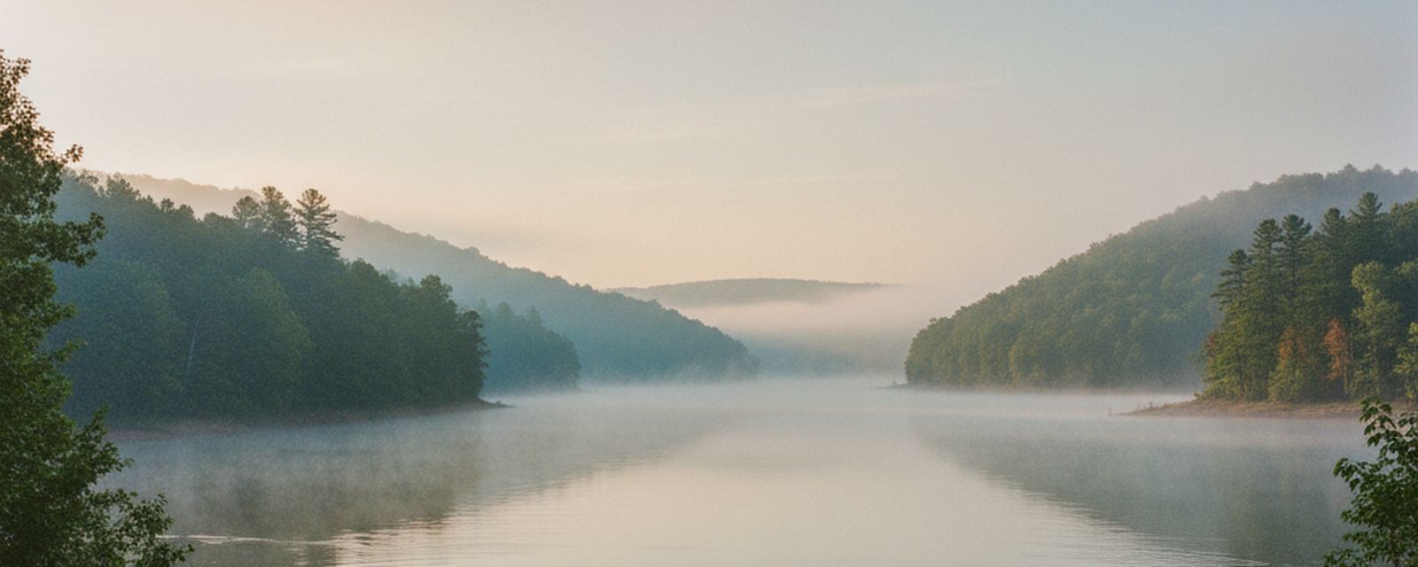 Mist on a still lake between steep wooded ridges under a warm pale sky, tall pines above the canopy, a bare tan band of bank at the waterline and low fog filling the far valley.