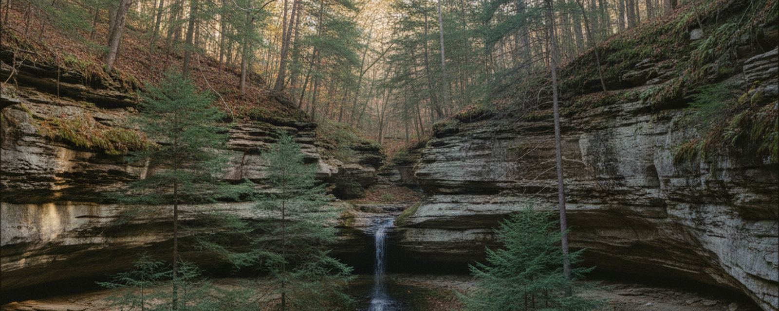 A sandstone box ravine in the hills of south central Indiana, hemlocks standing in the cold shaded bottom and a thin seasonal fall on the back wall.