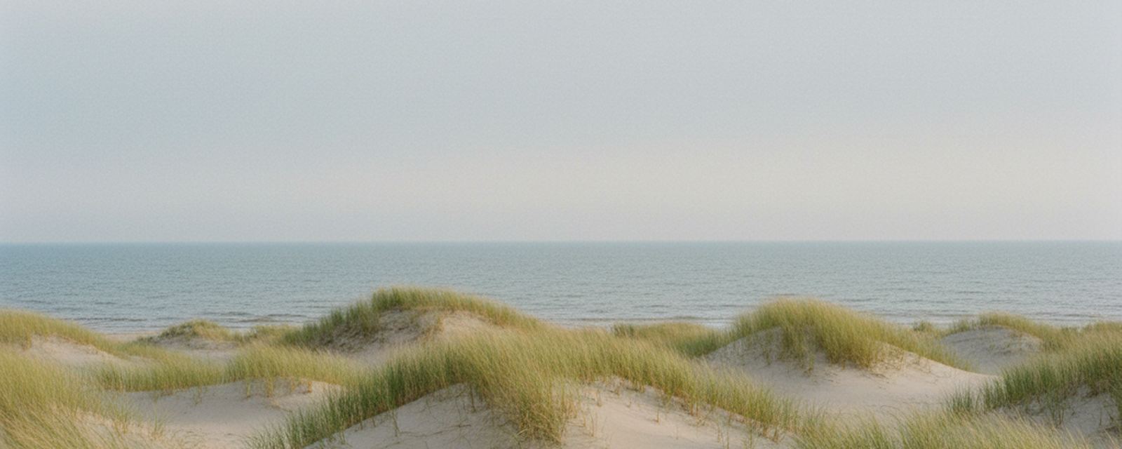 Sand ridges above the south shore of Lake Michigan at Indiana Dunes, marram grass on the crest and open water running to the horizon.