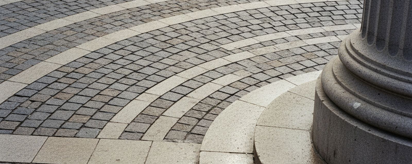 Fluted stone column base on a ringed plinth above a low curved step, with concentric arcs of gray and tan brick pavers laid between smooth pale stone bands