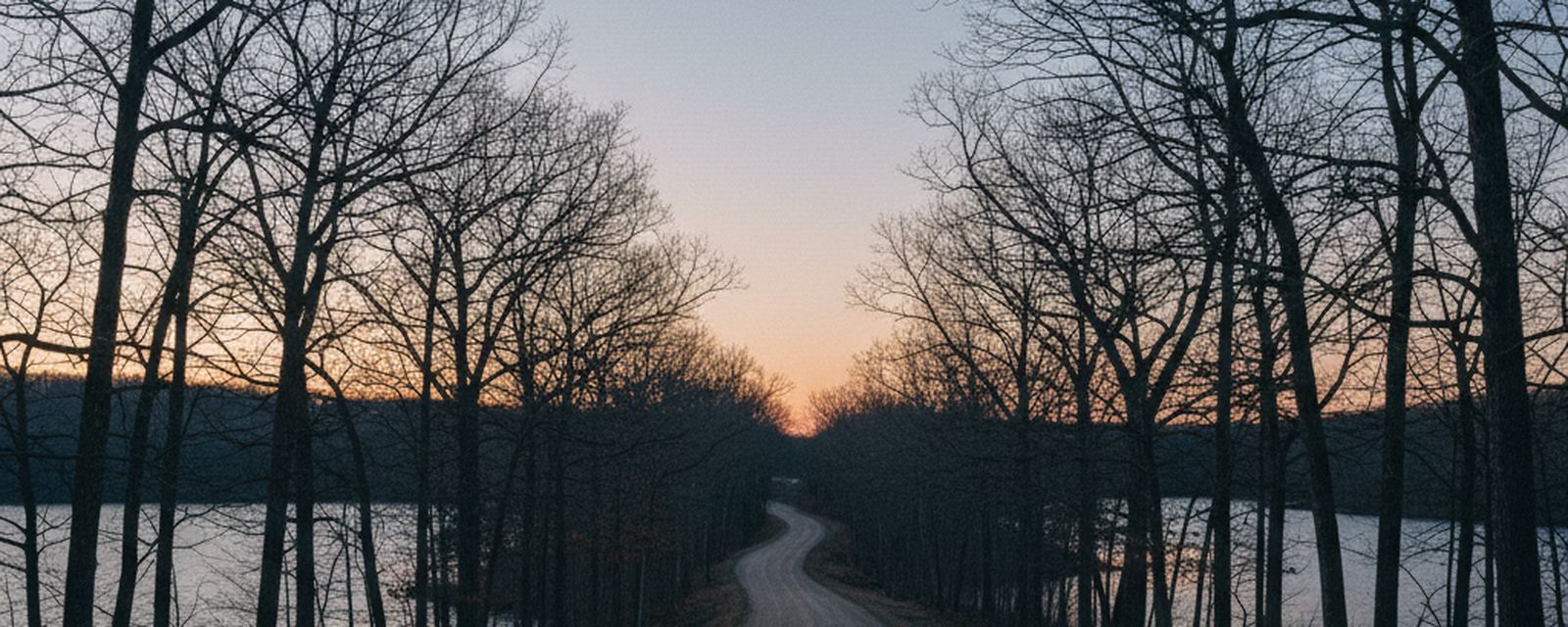 A wooded ridge road running between two lakes at dusk, bare hardwood along the shoulder and open water showing through the trees on both sides.