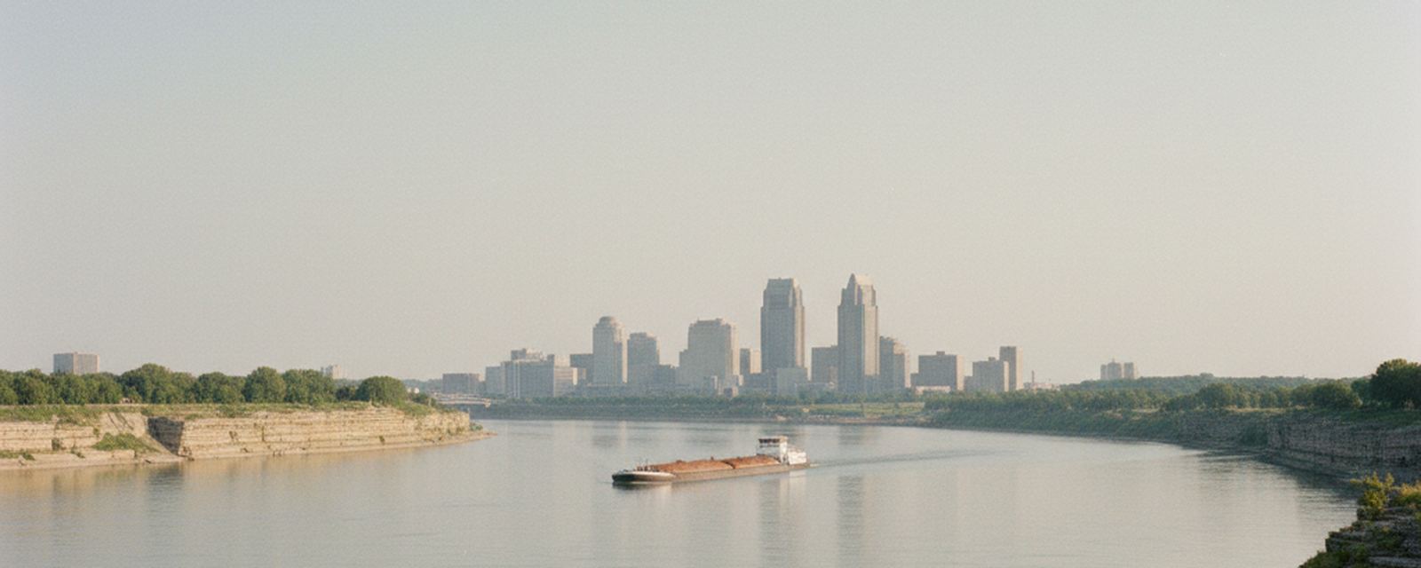 The Ohio River at Louisville in flat afternoon light, limestone banks, a loaded barge mid channel and the low downtown skyline behind it.