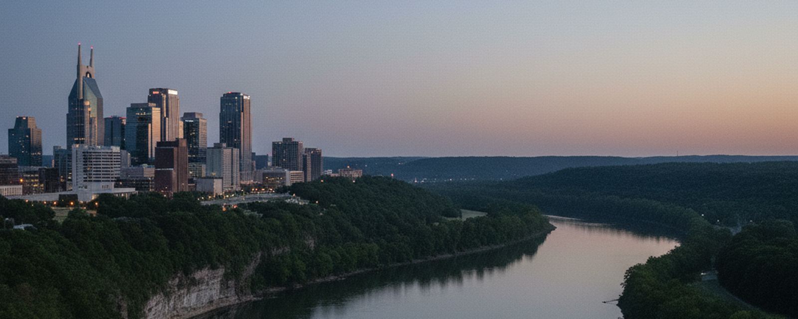 A bend of the Cumberland River under limestone banks, downtown towers on the bluff above it, low wooded hills closing the far side at dusk.