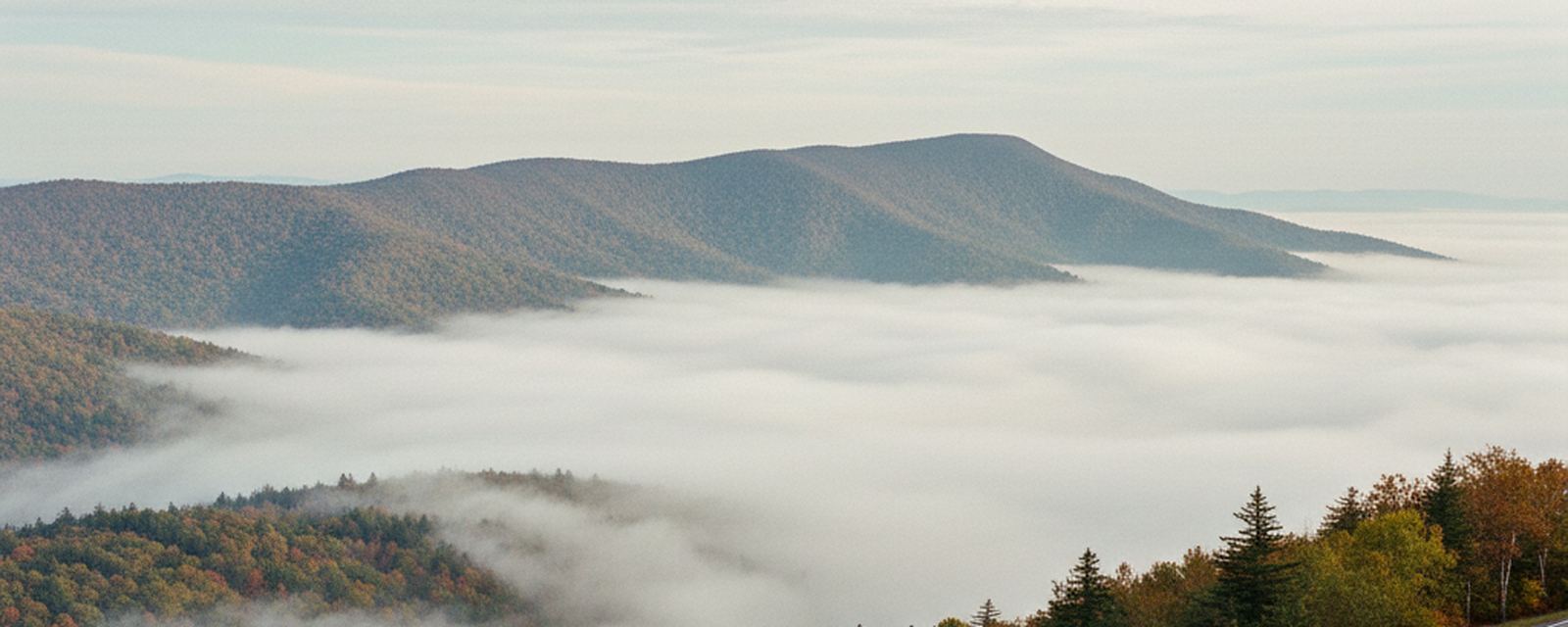 Low fog fills the valley below rolling forested ridges, fall color on the near slope, and spruce and birch above a grassy strip and pale paved shoulder at lower right.